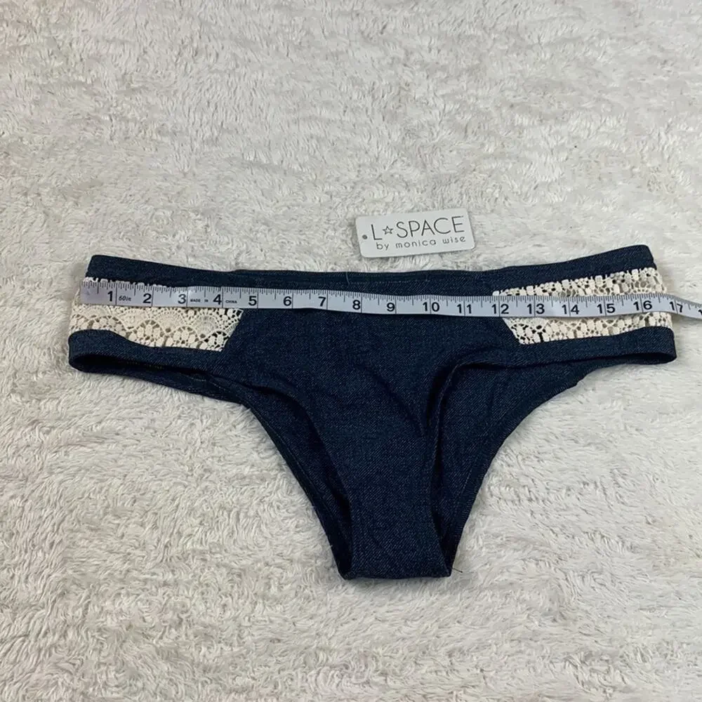L Space Nanette Dreamer Bitsy Cut denim and crochet bikini bottoms, NWT L